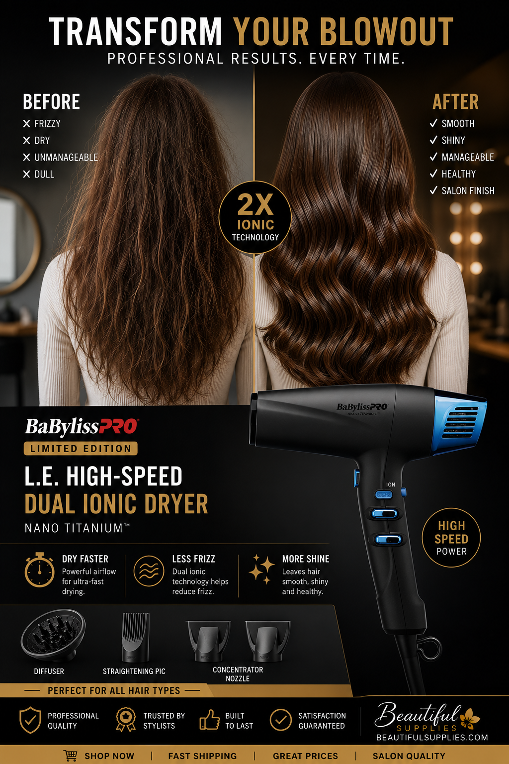 Babylisspro L.E. High-speed Dual Ionic Dryer - Matte Black #BNTMB9100